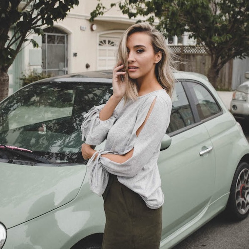 Grey long sleeve top with slit sleeves